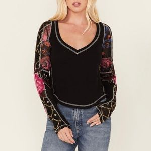 NWT Free People Amara Floral Embroidered Long Sleeve Thermal V-Neck